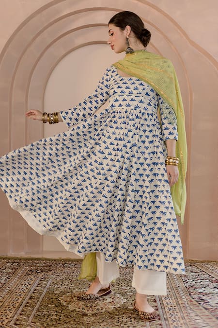 Shop_Gulabo Jaipur_White Cotton, Denim Embroidery Round Neck Shubha Printed Anarkali Pant Set _Online_at_Aza_Fashions