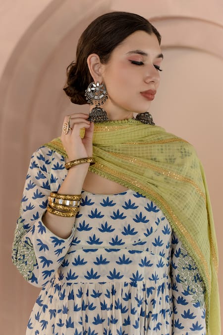 Gulabo Jaipur_White Cotton, Denim Embroidery Round Neck Shubha Printed Anarkali Pant Set _at_Aza_Fashions