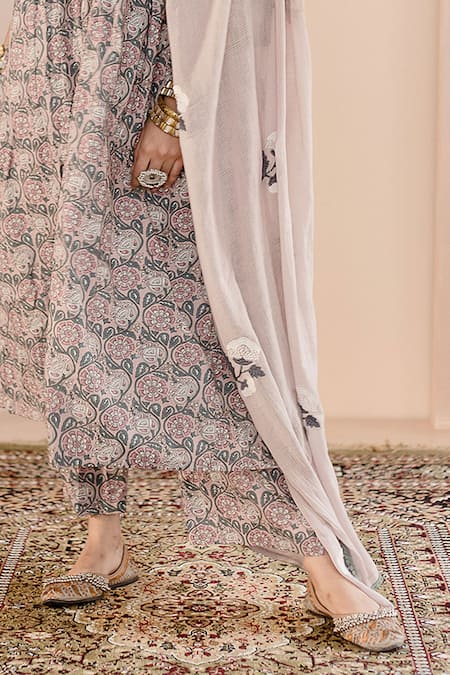 Gulabo Jaipur Beige Cotton Embroidery V-neck Sparrow Floral Block Print Anarkali Pyjama Set Online at Aza Fashions Gulabo Jaipur_Beige Cotton Embroidery V-neck Sparrow Floral Block Print Anarkali Pyjama Set _Online_at_Aza_Fashions