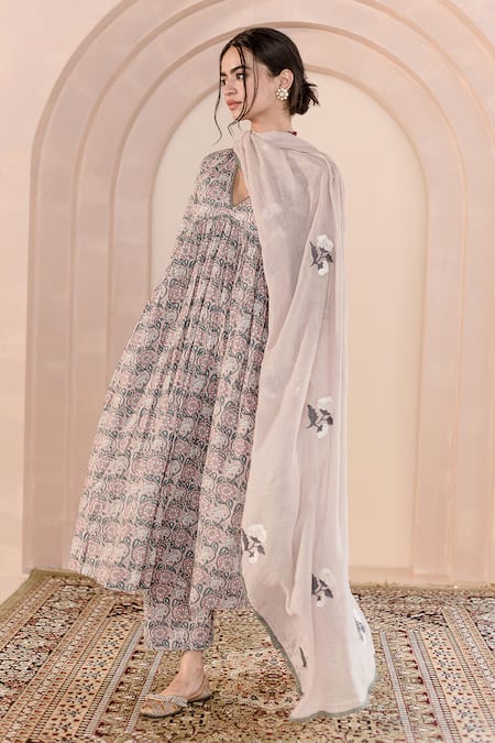 Buy Gulabo Jaipur Beige Cotton Embroidery V-neck Sparrow Floral Block Print Anarkali Pyjama Set Online at Aza Fashions Buy_Gulabo Jaipur_Beige Cotton Embroidery V-neck Sparrow Floral Block Print Anarkali Pyjama Set _Online_at_Aza_Fashions