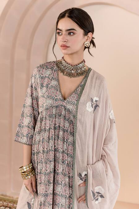 Shop Gulabo Jaipur Beige Cotton Embroidery V-neck Sparrow Floral Block Print Anarkali Pyjama Set Online at Aza Fashions Shop_Gulabo Jaipur_Beige Cotton Embroidery V-neck Sparrow Floral Block Print Anarkali Pyjama Set _Online_at_Aza_Fashions