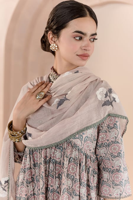 Gulabo Jaipur Beige Cotton Embroidery V-neck Sparrow Floral Block Print Anarkali Pyjama Set at Aza Fashions Gulabo Jaipur_Beige Cotton Embroidery V-neck Sparrow Floral Block Print Anarkali Pyjama Set _at_Aza_Fashions