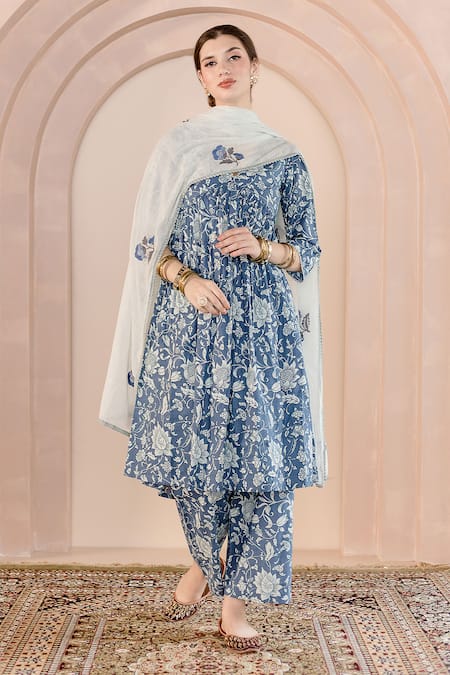 Gulabo Jaipur_Blue Cotton Embroidery V-neck Sparrow Floral Print Anarkali Pyjama Set _Online_at_Aza_Fashions