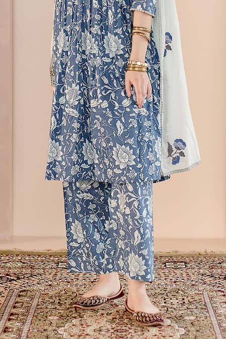 Shop_Gulabo Jaipur_Blue Cotton Embroidery V-neck Sparrow Floral Print Anarkali Pyjama Set _Online_at_Aza_Fashions