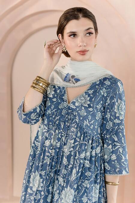 Gulabo Jaipur_Blue Cotton Embroidery V-neck Sparrow Floral Print Anarkali Pyjama Set _at_Aza_Fashions