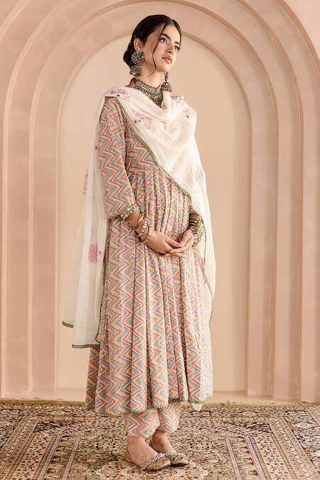 Shop_Gulabo Jaipur_White Cotton, Denim Embroidery V-neck Shaila Chevron Print Anarkali Set_Online_at_Aza_Fashions