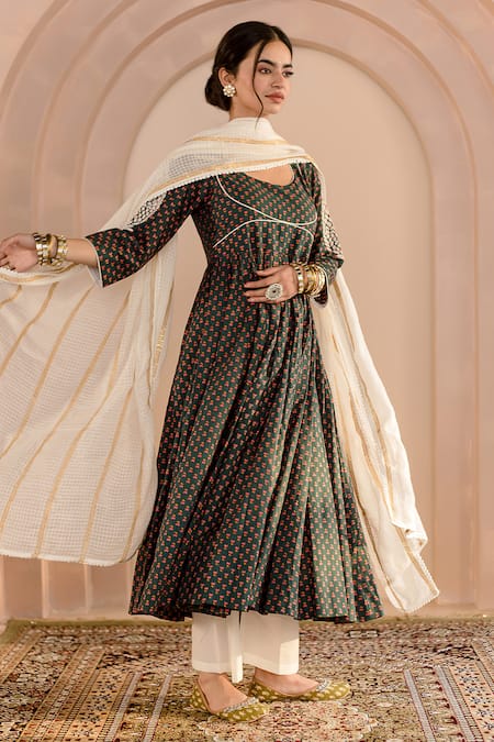 Gulabo Jaipur_Emerald Green Cotton, Denim Embroidery Round Shubha Floral Print Anarkali Set _at_Aza_Fashions