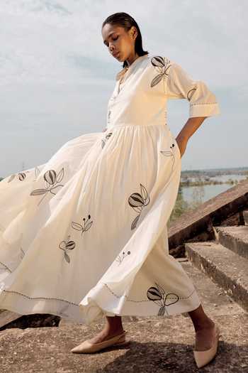 Kharakapas_Black Cotton Embroidery Mandarin Collar Floral Printed Maxi Dress With Slip _Online_at_Aza_Fashions