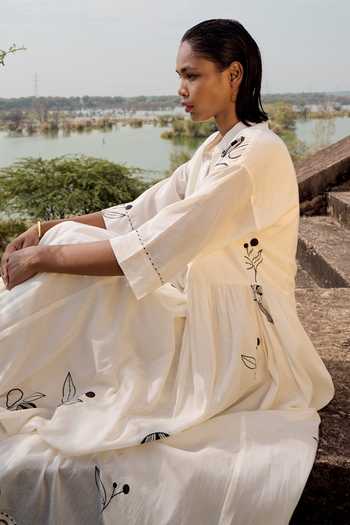 Buy_Kharakapas_Black Cotton Embroidery Mandarin Collar Floral Printed Maxi Dress With Slip _Online_at_Aza_Fashions
