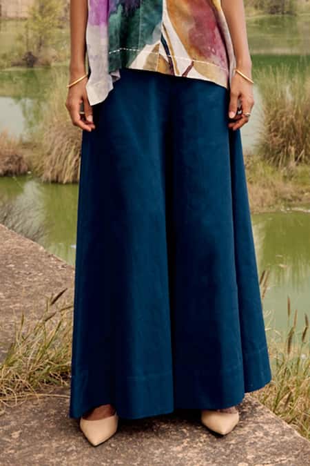 Kharakapas Blue Cotton, Twill Shawl Neck Hyliota Floral Print Tunic And Trouser Set Online at Aza Fashions Kharakapas_Blue Cotton, Twill Shawl Neck Hyliota Floral Print Tunic And Trouser Set _Online_at_Aza_Fashions