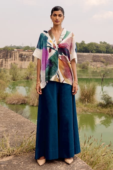Buy_Kharakapas_Blue Cotton, Twill Shawl Neck Hyliota Floral Print Tunic And Trouser Set _Online_at_Aza_Fashions