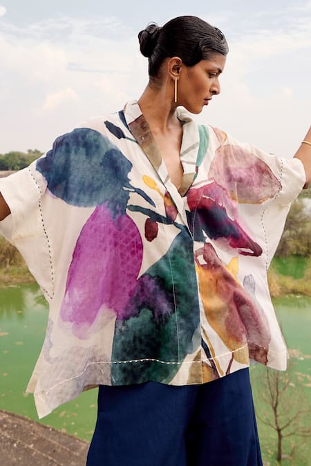 Shop Kharakapas Blue Cotton, Twill Shawl Neck Hyliota Floral Print Tunic And Trouser Set Online at Aza Fashions Shop_Kharakapas_Blue Cotton, Twill Shawl Neck Hyliota Floral Print Tunic And Trouser Set _Online_at_Aza_Fashions