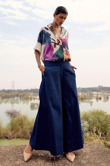 Kharakapas Blue Cotton, Twill Shawl Neck Hyliota Floral Print Tunic And Trouser Set at Aza Fashions Kharakapas_Blue Cotton, Twill Shawl Neck Hyliota Floral Print Tunic And Trouser Set _at_Aza_Fashions