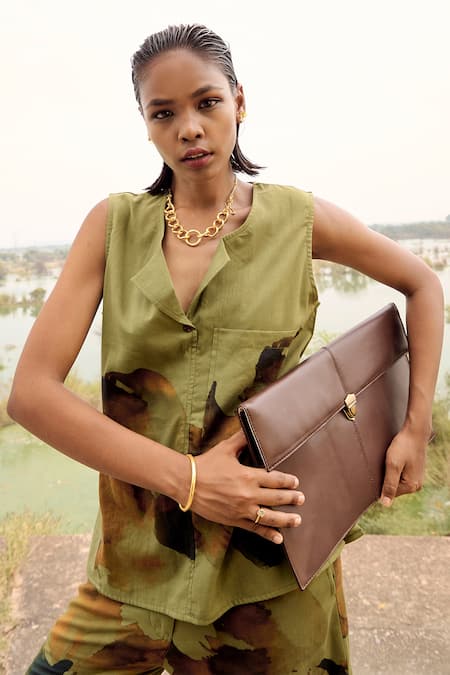 Buy_Kharakapas_Brown Cotton Embroidery V-neck Warbler Printed Tunic And Trouser Set _Online_at_Aza_Fashions