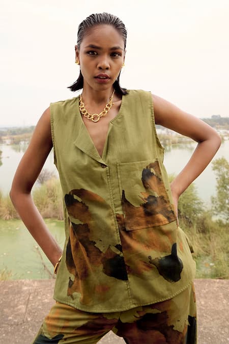 Shop_Kharakapas_Brown Cotton Embroidery V-neck Warbler Printed Tunic And Trouser Set _Online_at_Aza_Fashions