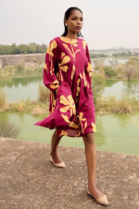 Shop_Kharakapas_Off White Cotton Boat Neck Romia Lino Print Dress _Online_at_Aza_Fashions