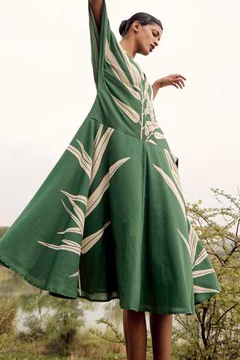 Shop_Kharakapas_Green Cotton V-neck Thornbill Lino Print Dress _Online_at_Aza_Fashions