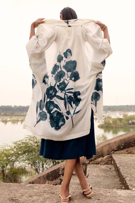 Buy_Kharakapas_Off White Cotton Embroidery Round Neck, Bower Floral Print Overlay And Dress Set _Online_at_Aza_Fashions