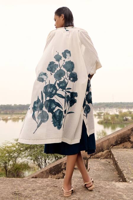 Shop_Kharakapas_Off White Cotton Embroidery Round Neck, Bower Floral Print Overlay And Dress Set _Online_at_Aza_Fashions