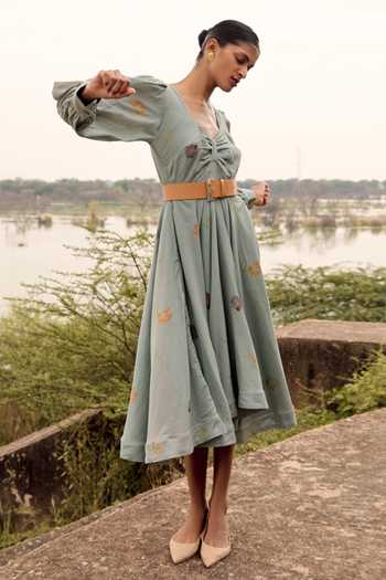 Kharakapas_Blue Cotton Embroidery V-neck Pepla Floral Print Dress _Online_at_Aza_Fashions