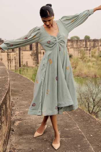 Buy_Kharakapas_Blue Cotton Embroidery V-neck Pepla Floral Print Dress _Online_at_Aza_Fashions