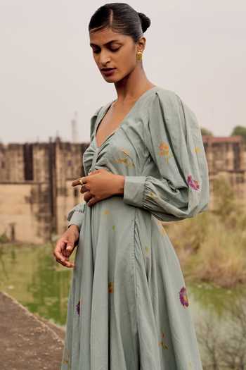 Kharakapas_Blue Cotton Embroidery V-neck Pepla Floral Print Dress _at_Aza_Fashions
