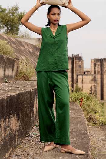 Kharakapas_Green Linen Collared Pine Top And Trouser Set _Online_at_Aza_Fashions