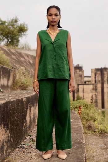 Shop_Kharakapas_Green Linen Collared Pine Top And Trouser Set _Online_at_Aza_Fashions
