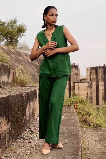 Kharakapas_Green Linen Collared Pine Top And Trouser Set _at_Aza_Fashions