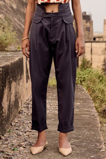 Kharakapas_Grey Twill, Cotton High Waist Trouser _Online_at_Aza_Fashions