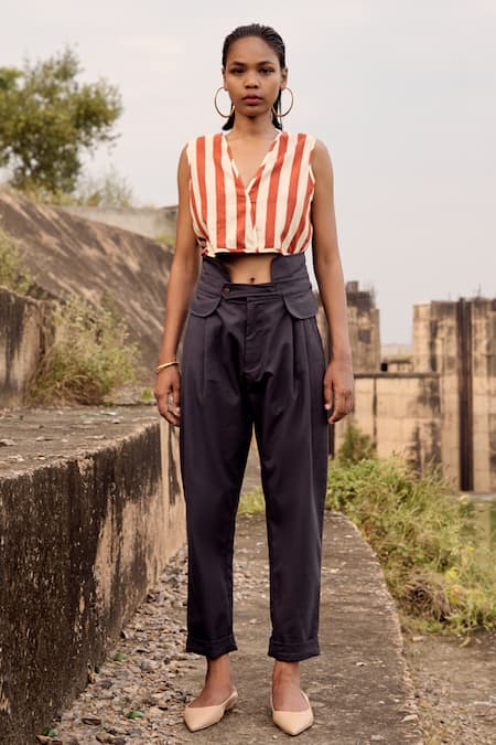 Buy_Kharakapas_Grey Twill, Cotton High Waist Trouser _Online_at_Aza_Fashions