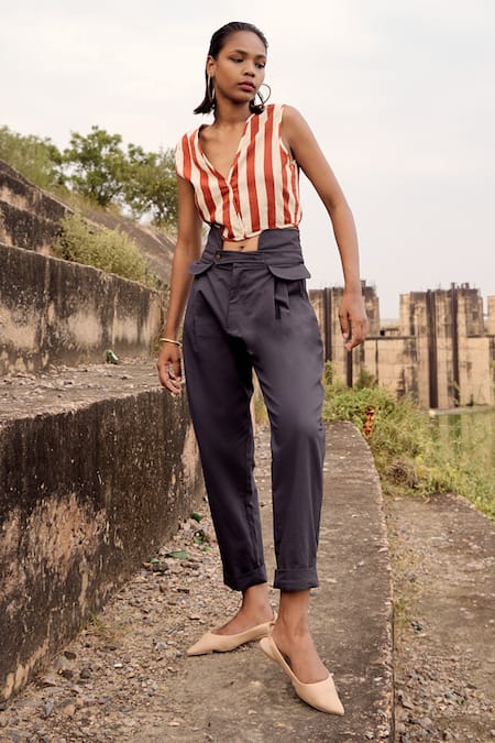 Shop_Kharakapas_Grey Twill, Cotton High Waist Trouser _Online_at_Aza_Fashions