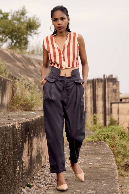 Kharakapas_Grey Twill, Cotton High Waist Trouser _at_Aza_Fashions