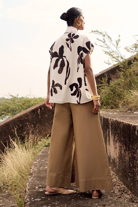 Shop_Kharakapas_Beige Twill, Cotton Serina Plain Flared Trouser _at_Aza_Fashions