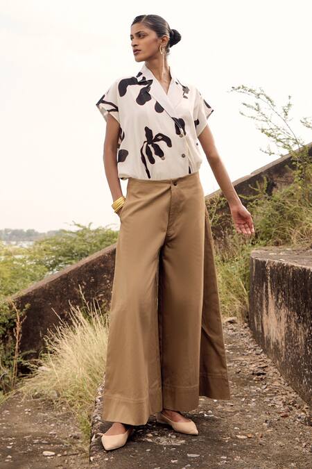 Buy_Kharakapas_Beige Twill, Cotton Serina Plain Flared Trouser _Online_at_Aza_Fashions
