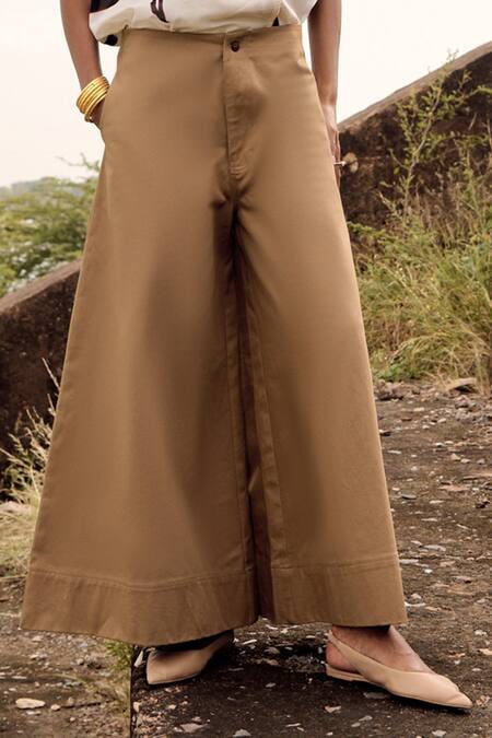 Shop_Kharakapas_Beige Twill, Cotton Serina Plain Flared Trouser _Online_at_Aza_Fashions