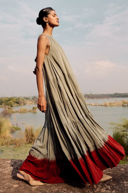 Kharakapas Blue Cotton Round Neck Dip Dyed Tiered Maxi Dress Online at Aza Fashions Kharakapas_Blue Cotton Round Neck Dip Dyed Tiered Maxi Dress _Online_at_Aza_Fashions
