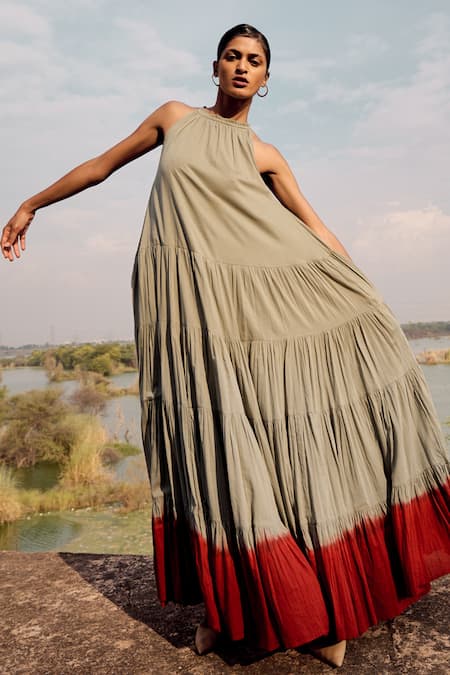 Buy Kharakapas Blue Cotton Round Neck Dip Dyed Tiered Maxi Dress Online at Aza Fashions Buy_Kharakapas_Blue Cotton Round Neck Dip Dyed Tiered Maxi Dress _Online_at_Aza_Fashions