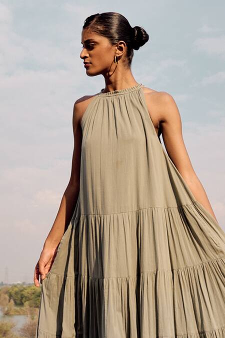 Shop Kharakapas Blue Cotton Round Neck Dip Dyed Tiered Maxi Dress Online at Aza Fashions Shop_Kharakapas_Blue Cotton Round Neck Dip Dyed Tiered Maxi Dress _Online_at_Aza_Fashions