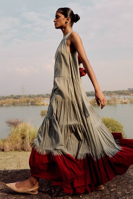 Kharakapas Blue Cotton Round Neck Dip Dyed Tiered Maxi Dress at Aza Fashions Kharakapas_Blue Cotton Round Neck Dip Dyed Tiered Maxi Dress _at_Aza_Fashions