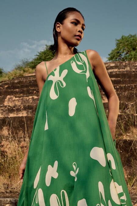 Shop_Kharakapas_Green Cotton Asymmetric Forest Lino Print Layered Dress _Online_at_Aza_Fashions