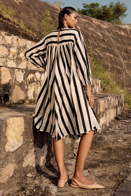 Shop_Kharakapas_Black Cotton Round Neck Emu Stripe Print Dress _at_Aza_Fashions