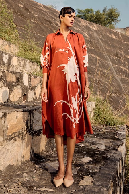 Kharakapas Red Mul Cotton Printed Lino Collar Eider Dress 