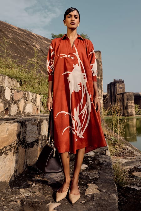 Shop_Kharakapas_Red Cotton Collared Eider Lino Print Dress_Online_at_Aza_Fashions