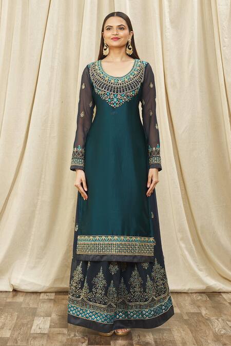Samyukta Singhania Blue Satin, Georgette, Net Crystals, Zari, Embroidery Kurta Set With Dupatta Online at Aza Fashions Samyukta Singhania_Blue Satin, Georgette, Net Crystals, Zari, Embroidery Kurta Set With Dupatta_Online_at_Aza_Fashions