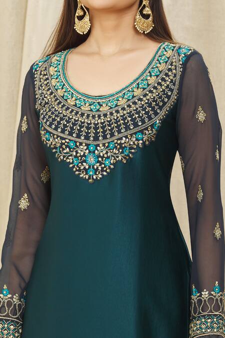 Buy_Samyukta Singhania_Blue Satin, Georgette, Net Crystals, Zari, Embroidery Kurta Set With Dupatta_Online_at_Aza_Fashions