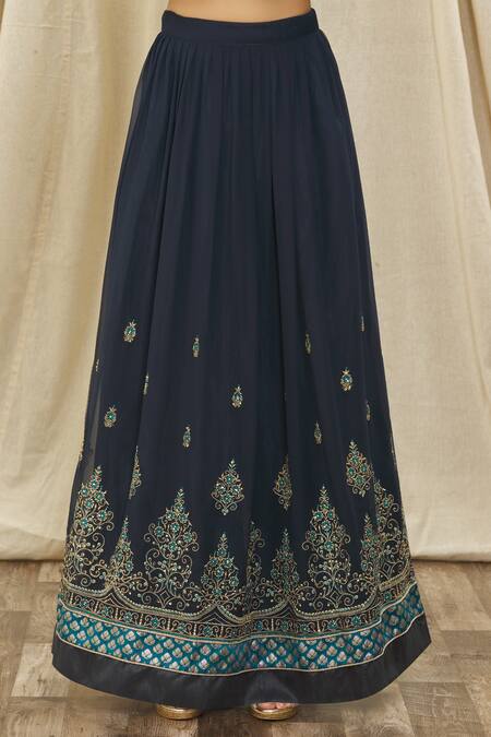 Shop_Samyukta Singhania_Blue Satin, Georgette, Net Crystals, Zari, Embroidery Kurta Set With Dupatta_Online_at_Aza_Fashions