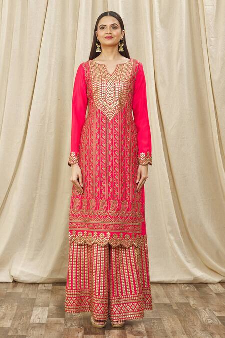 Samyukta Singhania Pink Chiffon, Cotton Embroidery, Sequins, Gota Kurta Set With Palazzo And Dupatta Online at Aza Fashions Samyukta Singhania_Pink Chiffon, Cotton Embroidery, Sequins, Gota Kurta Set With Palazzo And Dupatta_Online_at_Aza_Fashions