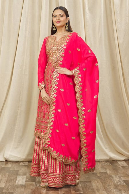 Buy Samyukta Singhania Pink Chiffon, Cotton Embroidery, Sequins, Gota Kurta Set With Palazzo And Dupatta Online at Aza Fashions Buy_Samyukta Singhania_Pink Chiffon, Cotton Embroidery, Sequins, Gota Kurta Set With Palazzo And Dupatta_Online_at_Aza_Fashions