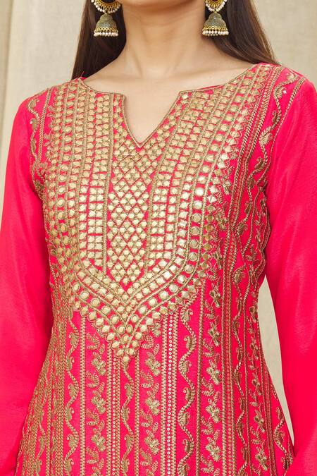 Shop Samyukta Singhania Pink Chiffon, Cotton Embroidery, Sequins, Gota Kurta Set With Palazzo And Dupatta Online at Aza Fashions Shop_Samyukta Singhania_Pink Chiffon, Cotton Embroidery, Sequins, Gota Kurta Set With Palazzo And Dupatta_Online_at_Aza_Fashions